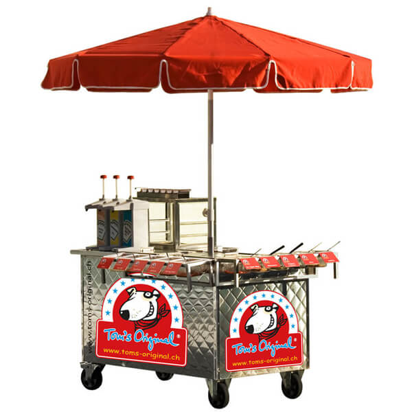 Hot Dog Wagen im New York Style mit rotem Schirm 